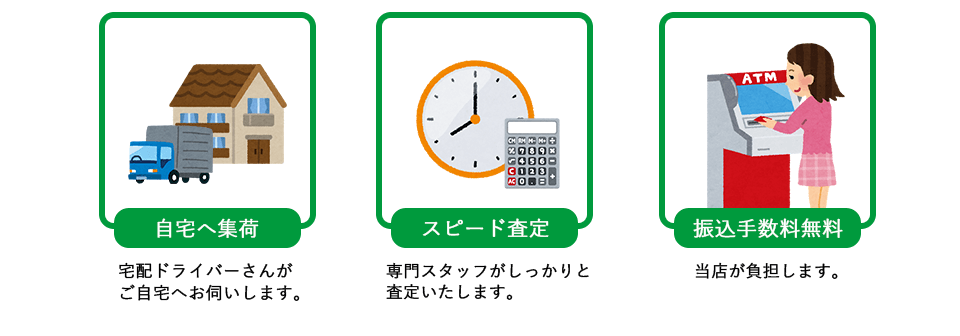 自宅へ集荷！宅配ドライバーさんがご自宅へお伺いします。スピード査定！専門スタッフがしっかりと査定いたします。振込手数料無料！当店が負担します。