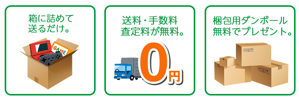 1、箱に詰めて送るだけ。2、送料・手数料・査定料0円。3、梱包用ダンボール無料でプレゼント。